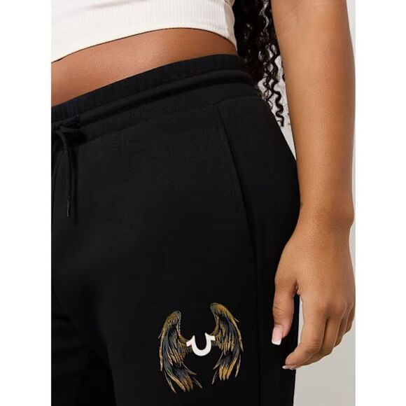 True Religion WMN Sz L Black Metallic Wing Horseshoe Straight Leg Sweatpants - Picture 14 of 14